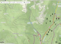  - Mapa s údolím Hučivá Desná ukazuje umístění těžeb, které jsou dále podrobně zdokumentovány (kromě těžby č. 1).