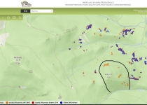  - Detailní mapa s kůrovcovou situaci na Suchém vrchu - černá linie je hranice rezervace